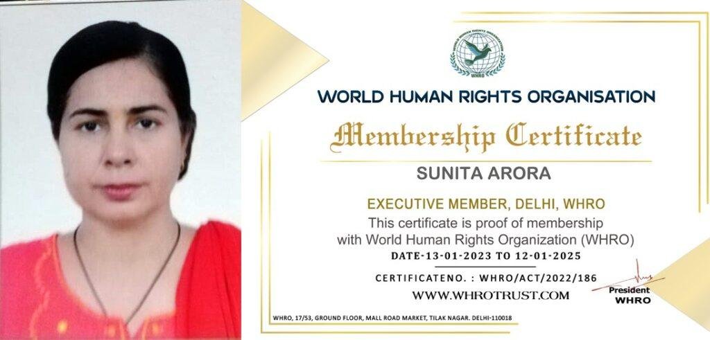 दिल्ली14जनवरी* समाजसेवी सुनीता अरोड़ा को वर्ल्ड ह्यूमन राइटस ओर्गेनाइजेशन का एक्जिक्यूटिव मेंबर दिल्ली मनोनीत किया गया है।