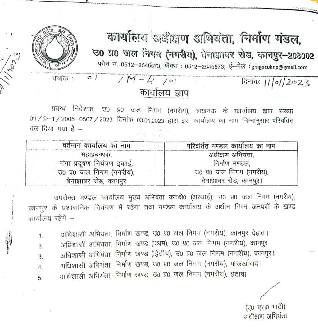 कानपुर नगर21जनवरी*गंगा प्रदूषण नियन्त्रण इकाई, उ0प्र0 जल निगम (नगरीय), का नाम बदलकर अधीक्षण अभियन्ता, निर्माण मण्डल, उ0प्र0 जल निगम (नगरीय) किया गया। कानपुर नगर21जनवरी*गंगा प्रदूषण नियन्त्रण इकाई, उ0प्र0 जल निगम (नगरीय), का नाम बदलकर अधीक्षण अभियन्ता, निर्माण मण्डल, उ0प्र0 जल निगम (नगरीय) किया गया।