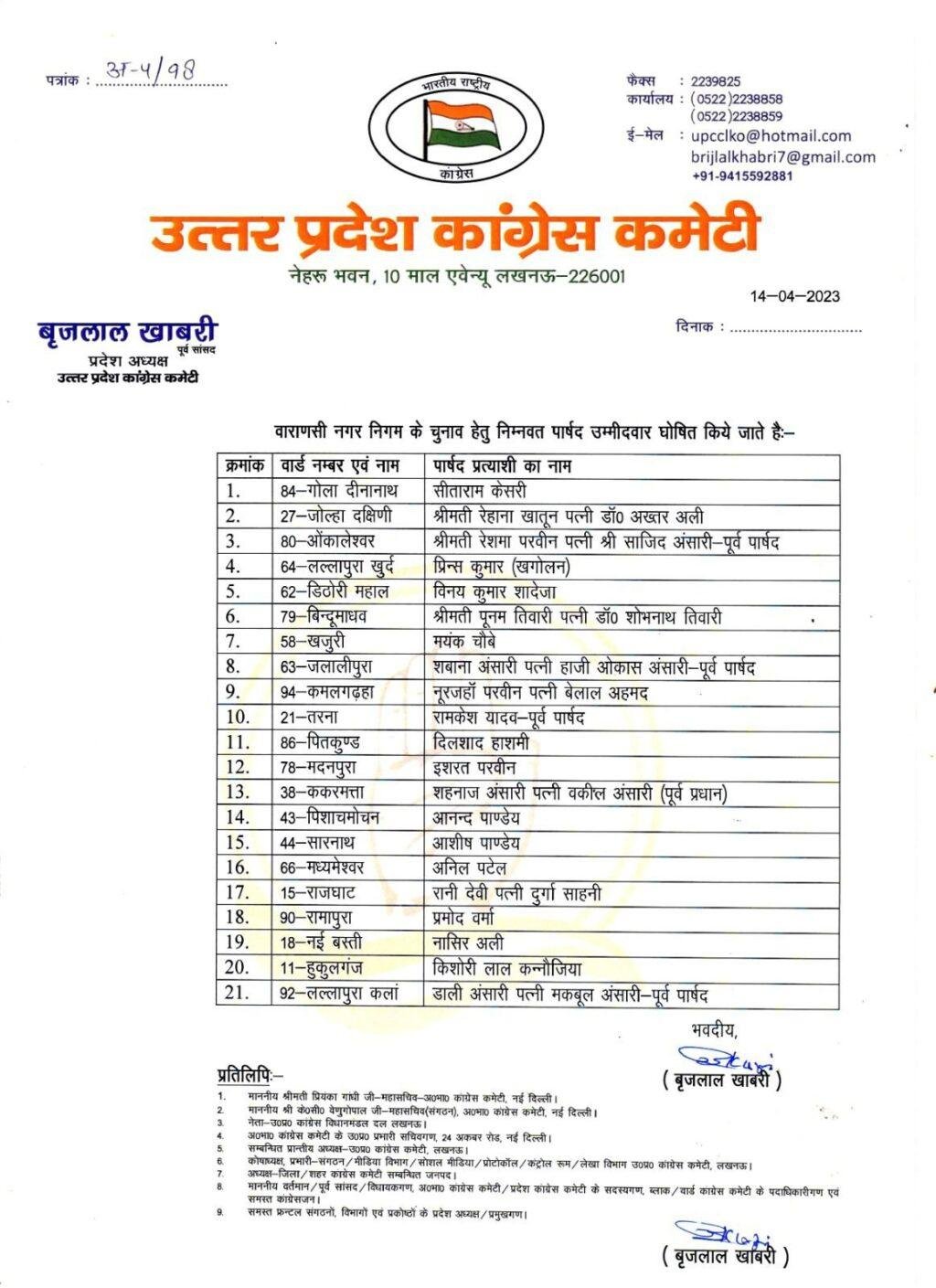 लखनऊ14अप्रैल*कांग्रेस ने पार्षद प्रत्याशियों की सूची जारी की। लखनऊ14अप्रैल*कांग्रेस ने पार्षद प्रत्याशियों की सूची जारी की।