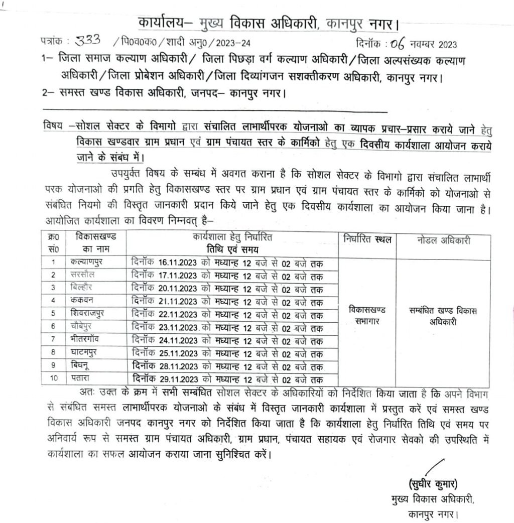 कानपुर नगर06नवम्बर23*योजनाओ से संबंधित नियमो की विस्तृत जानकारी प्रदान किये जाने हेतु एक दिवसीय कार्यशाला का आयोजन किये जाने के सम्बंध में