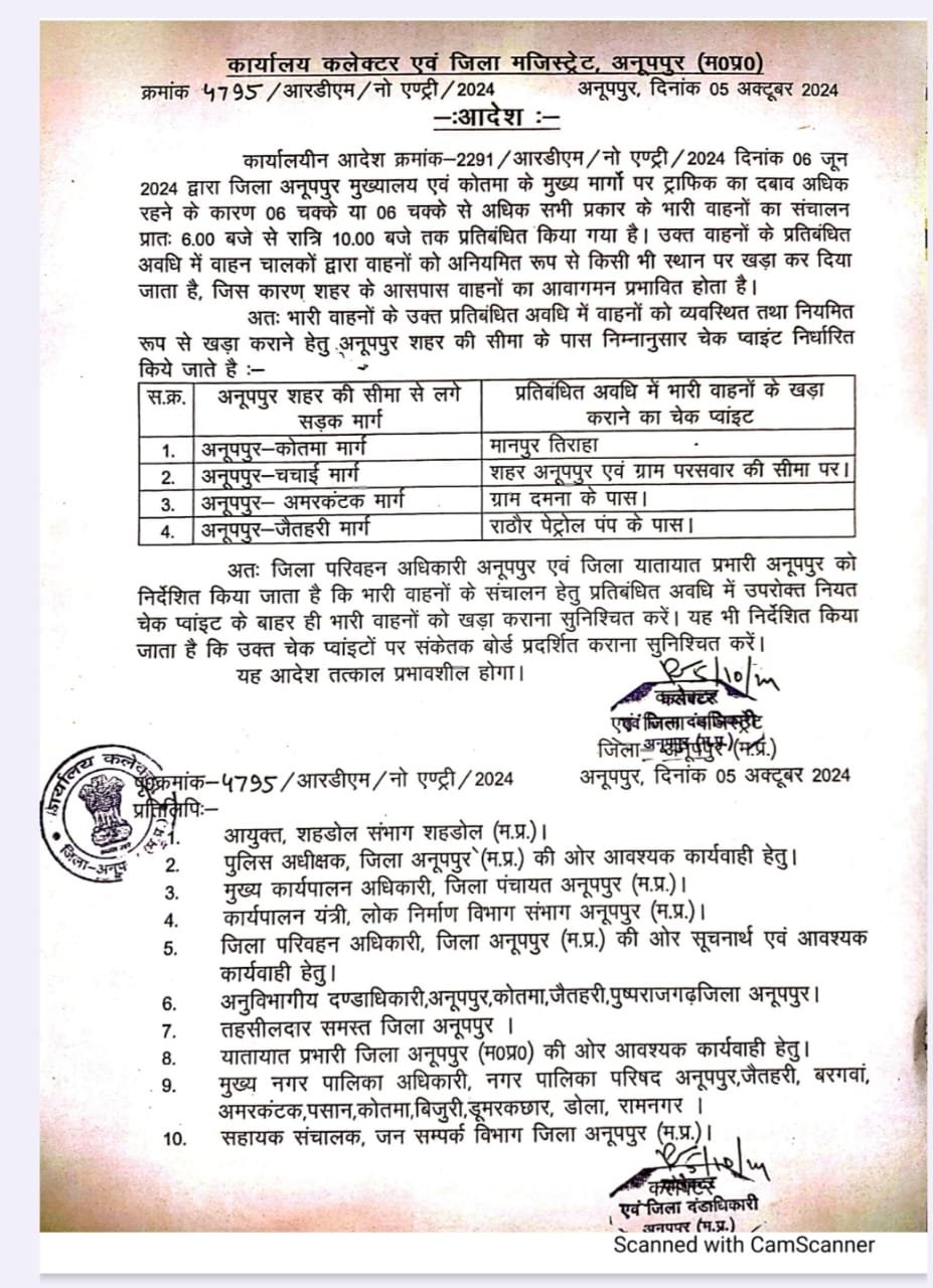 अनूपपुर 05 अक्टूबर 24*भारी वाहनों को व्यवस्थित रूप से खड़ा कराने हेतु कलेक्टर ने चेक प्वाइंट किए निर्धारित अनूपपुर 05 अक्टूबर 24*भारी वाहनों को व्यवस्थित रूप से खड़ा कराने हेतु कलेक्टर ने चेक प्वाइंट किए निर्धारित