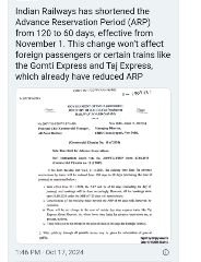 अनूपपुर17अक्टूबर24*रेलवे ने वेटिंग टिकट के नियम में बदलाव किया है। अब आप 120 दिन के बजाय 60 दिन पहले ही टिकट बुक करा सकते हैं। अनूपपुर17अक्टूबर24*रेलवे ने वेटिंग टिकट के नियम में बदलाव किया है। अब आप 120 दिन के बजाय 60 दिन पहले ही टिकट बुक करा सकते हैं।