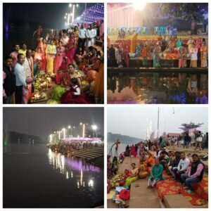 अनूपपुर08नवम्बर24*अमरकंटक के नर्मदा तट पर महिलाओं ने डूबते सूर्य को अर्ध्य दे छठ पूजन किया