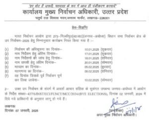 लखनऊ07जनवरी25* राज्य निर्वाचन आयोग ने अयोध्या की मिल्कीपुर सीट के उपचुनाव का कार्यक्रम घोषित किया है।*