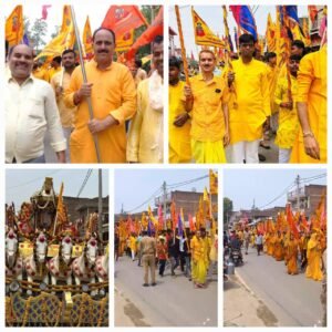 अयोध्या03मई25शुजागंज पक्का तालाब मंदिर परिसर से निकाली गई श्री श्याम बाबा की निशान भव्य शोभा यात्रा।*