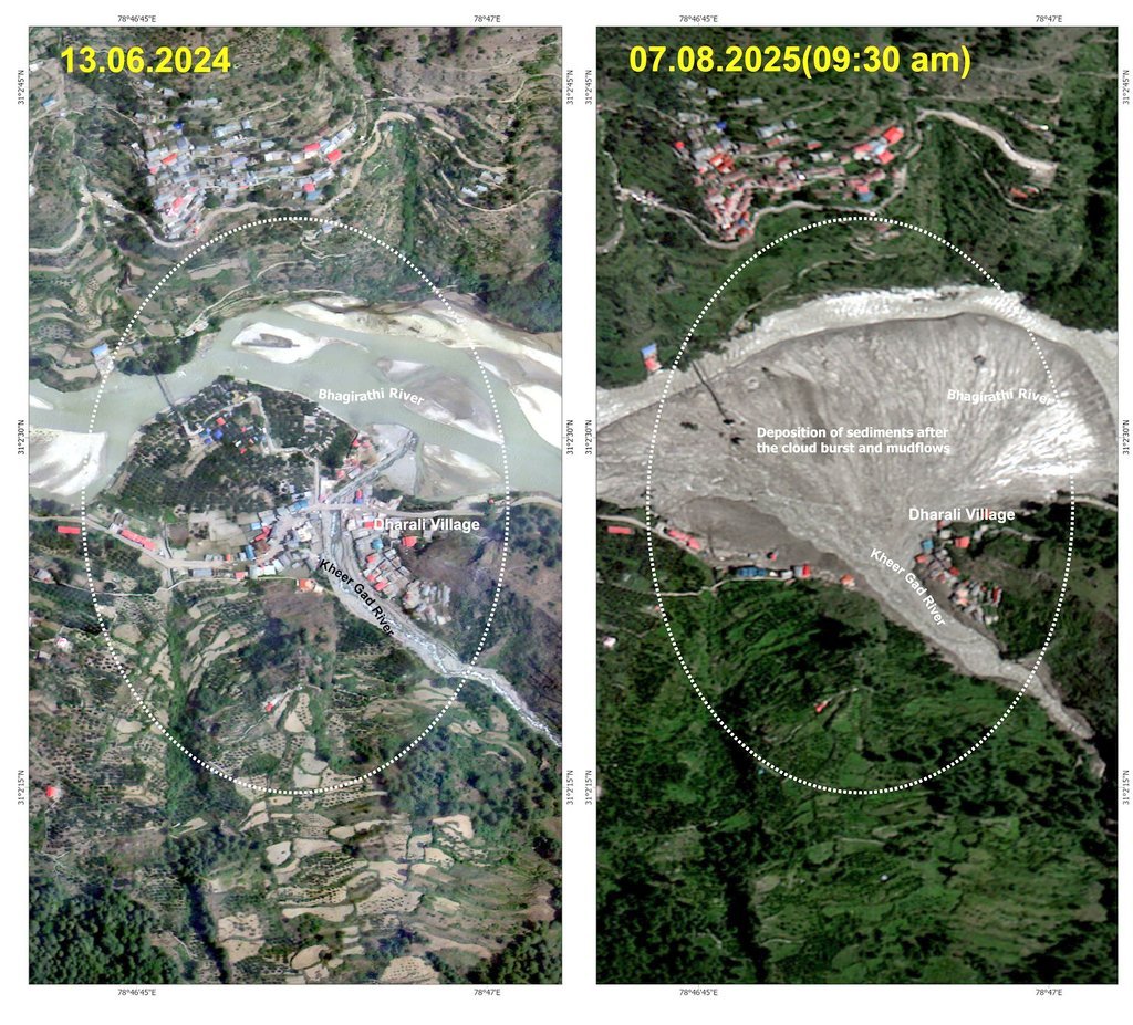 उत्तरकाशी के धराली गांव की सेटेलाइट तस्वीरें भयावह सच्चाई बयान कर रही हैं-