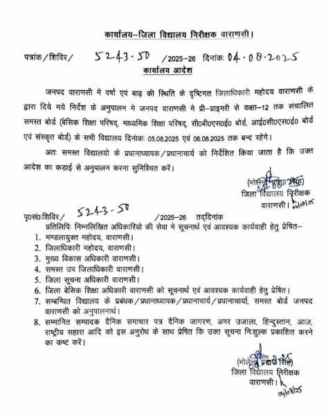 वाराणसी4अगस्त25*5 से 6 अगस्त तक अवकाश घोषित