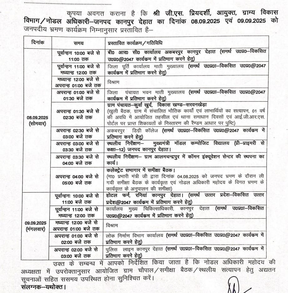 कानपुर देहात 6 सितंबर 2025*आयुक्त, ग्राम्य विकास विभाग/नोडल अधिकारी दिनांक 08 व 09 सितंबर का जनपद भ्रमण कार्यक्रम*