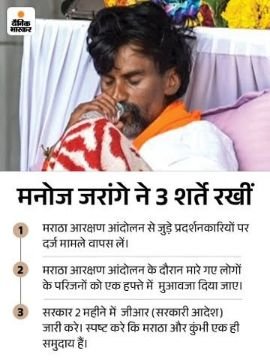 मुम्बई2सितम्बर25*मराठा आरक्षण आंदोलन- जरांगे ने भूख हड़ताल खत्म की:कहा- हम जीत गए, सरकार ने हमारी मांगें मान ली;