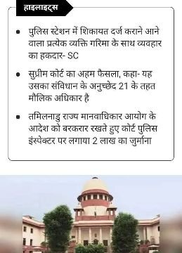 नई दिल्ली21सितम्बर25*भारतीय संविधान के अनुच्छेद_21 के अनुसार यदि पुलिस शिकायतकर्ता के साथ अभद्रता नही कर सकता-सुप्रीम कोर्ट