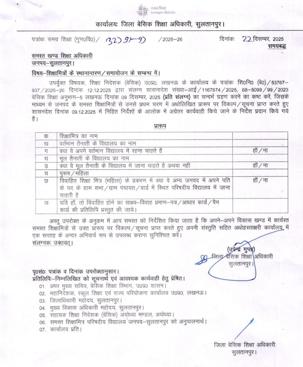 सुल्तानपुर 22दिसम्बर 25*शिक्षा मित्रो के स्थानांतरण/समायोजन के सम्बन्ध मे आदेश जारी* सुल्तानपुर 22दिसम्बर 25*शिक्षा मित्रो के स्थानांतरण/समायोजन के सम्बन्ध मे आदेश जारी*