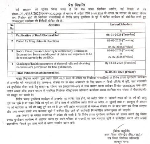 कानपुर नगर, दिनांक 05 जनवरी, 2026*निर्वाचक नामावली के विशेष प्रगाढ़ पुनरीक्षण कार्यक्रम की सूचना*