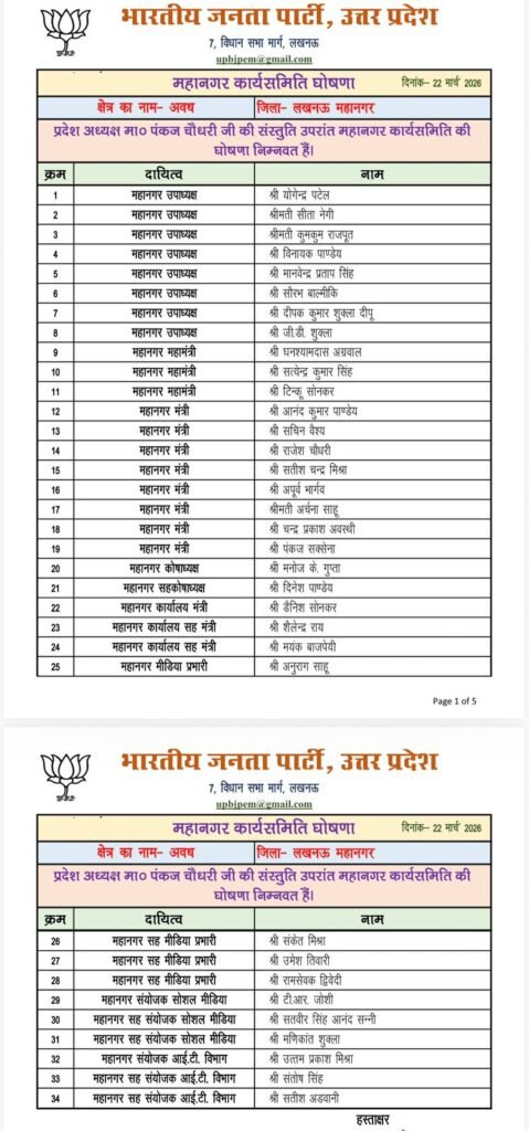 लखनऊ22 मार्च 26*भाजपा लखनऊ महानगर की कार्यकारणी की गई घोषणा*