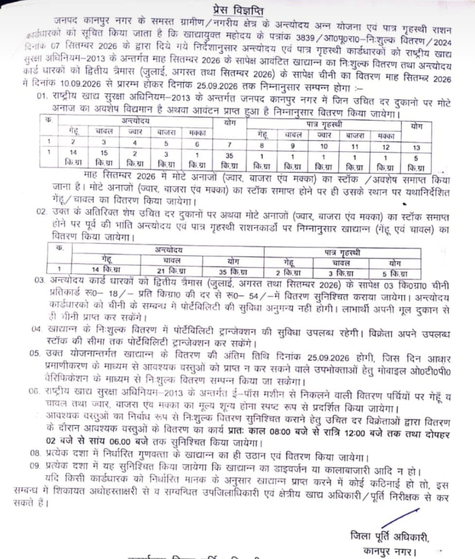 कानपुर नगर 9 सितंबर 26*10 से 25 सितम्बर तक होगा अन्त्योदय एवं पात्र गृहस्थी कार्डधारकों को निःशुल्क खाद्यान्न का वितरण* कानपुर नगर 9 सितंबर 26*10 से 25 सितम्बर तक होगा अन्त्योदय एवं पात्र गृहस्थी कार्डधारकों को निःशुल्क खाद्यान्न का वितरण*