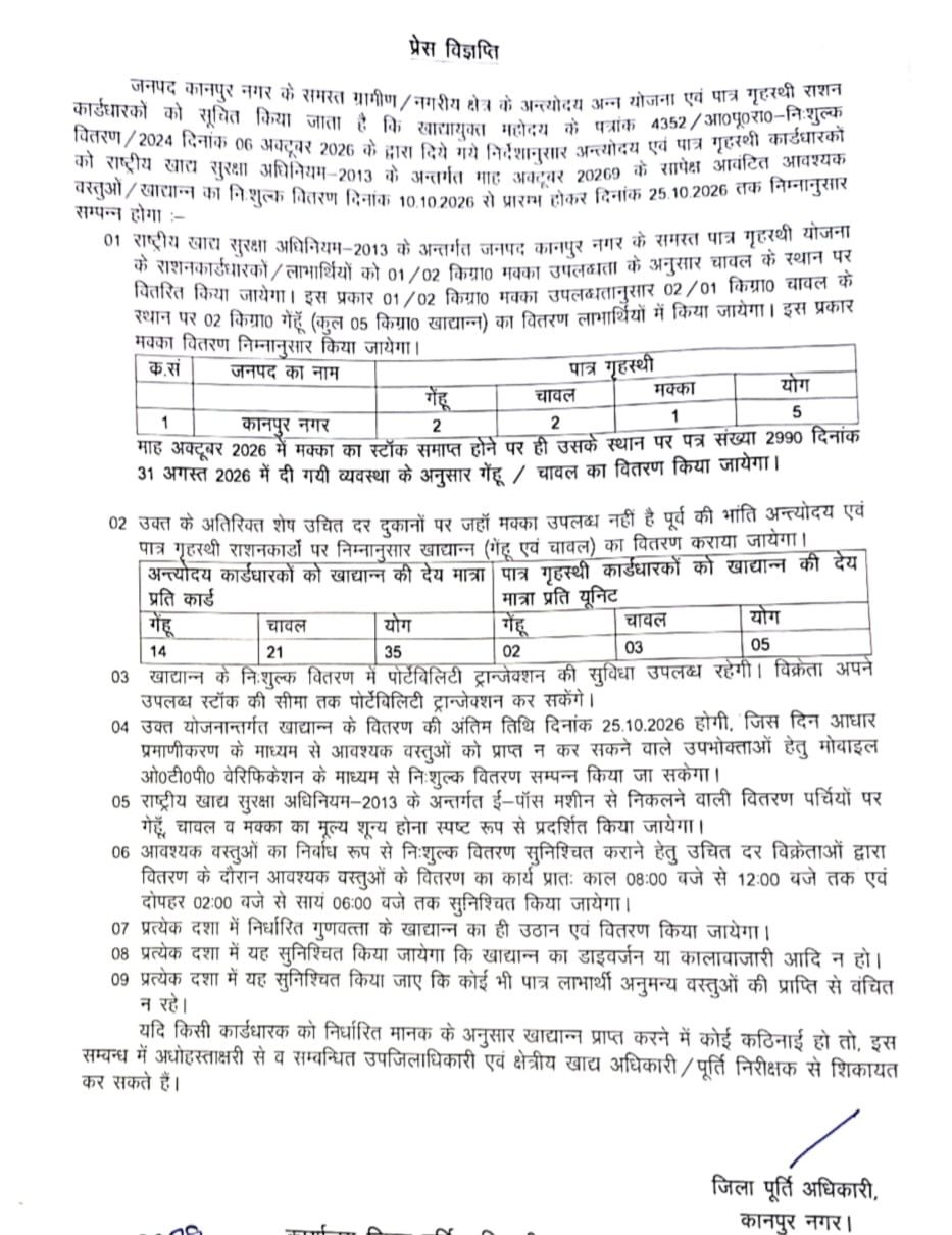 कानपुर नगर 9 अक्टूबर 26*कानपुर नगर में 10 से 25 अक्टूबर तक होगा मुफ्त राशन का वितरण*